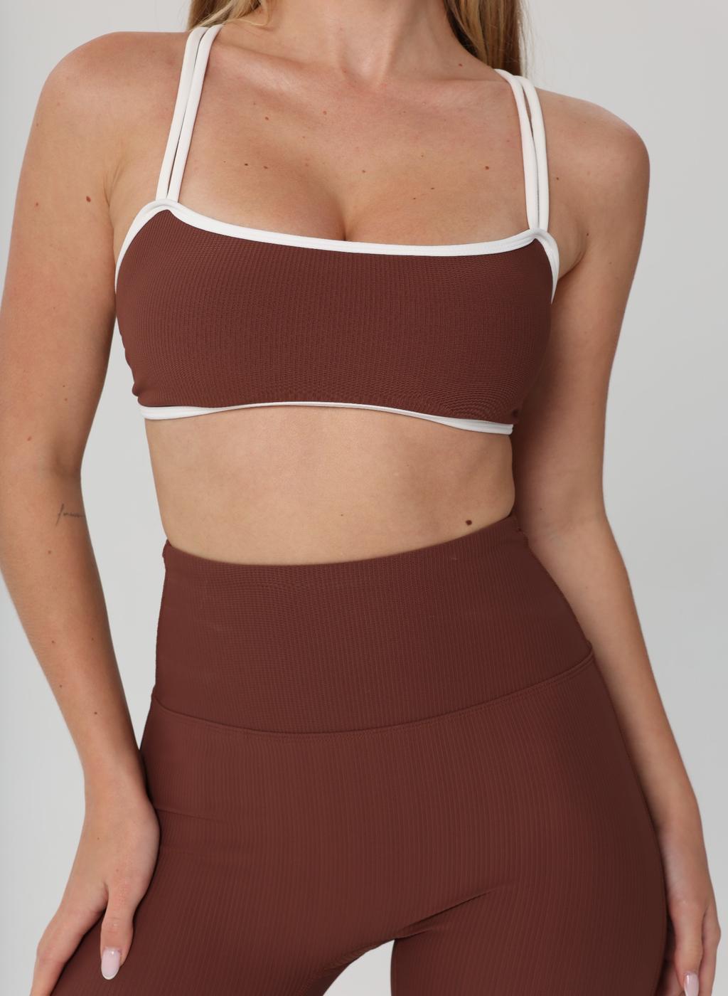 Olivia Ribbed Yoga Bra - Brown