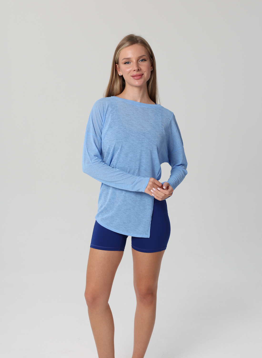 Amy Long Sleeve Slit Shirt - Blue
