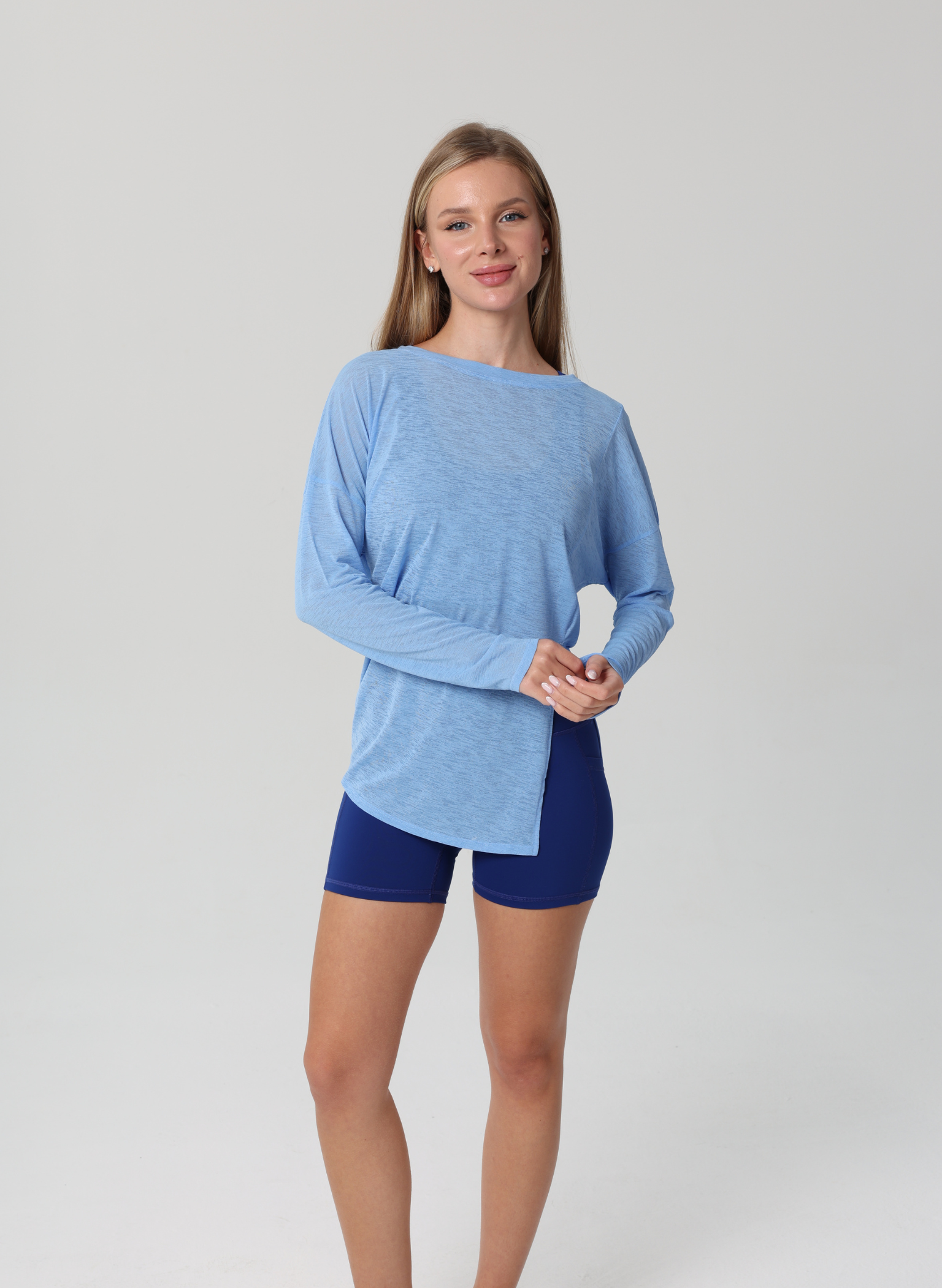 Amy Long Sleeve Slit Shirt - Blue