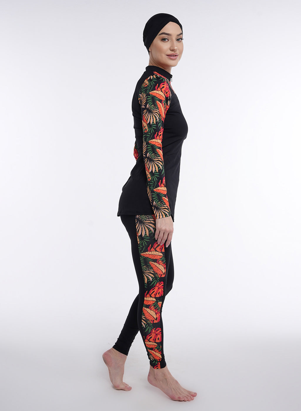 Two Piece Burkini - Black/Red Floral Pattern