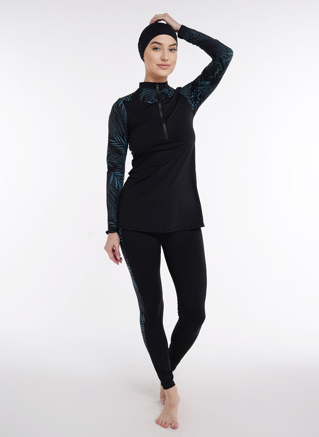 Two Piece Burkini - Black/Green Palm Pattern