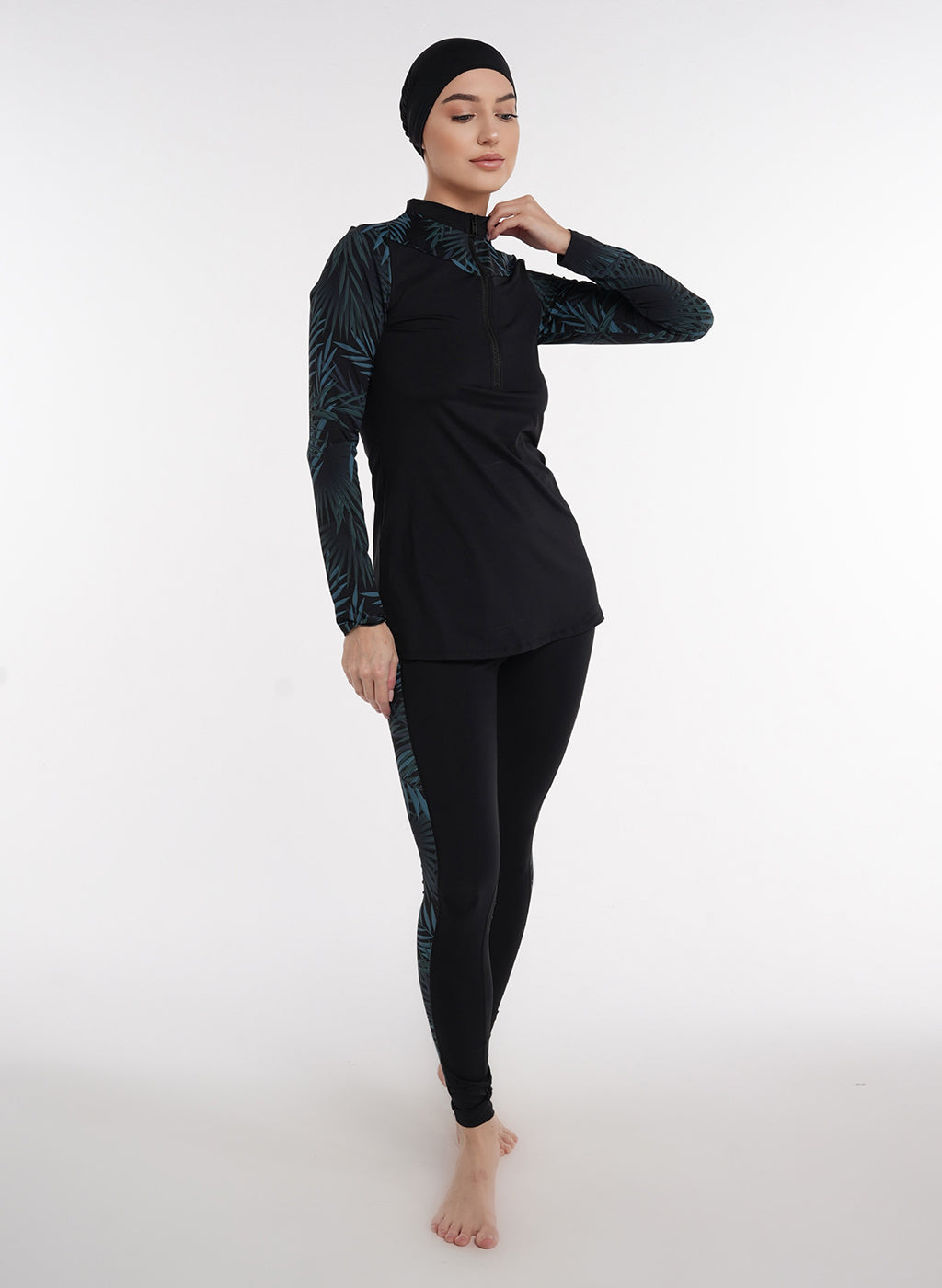 Two Piece Burkini - Black/Green Palm Pattern