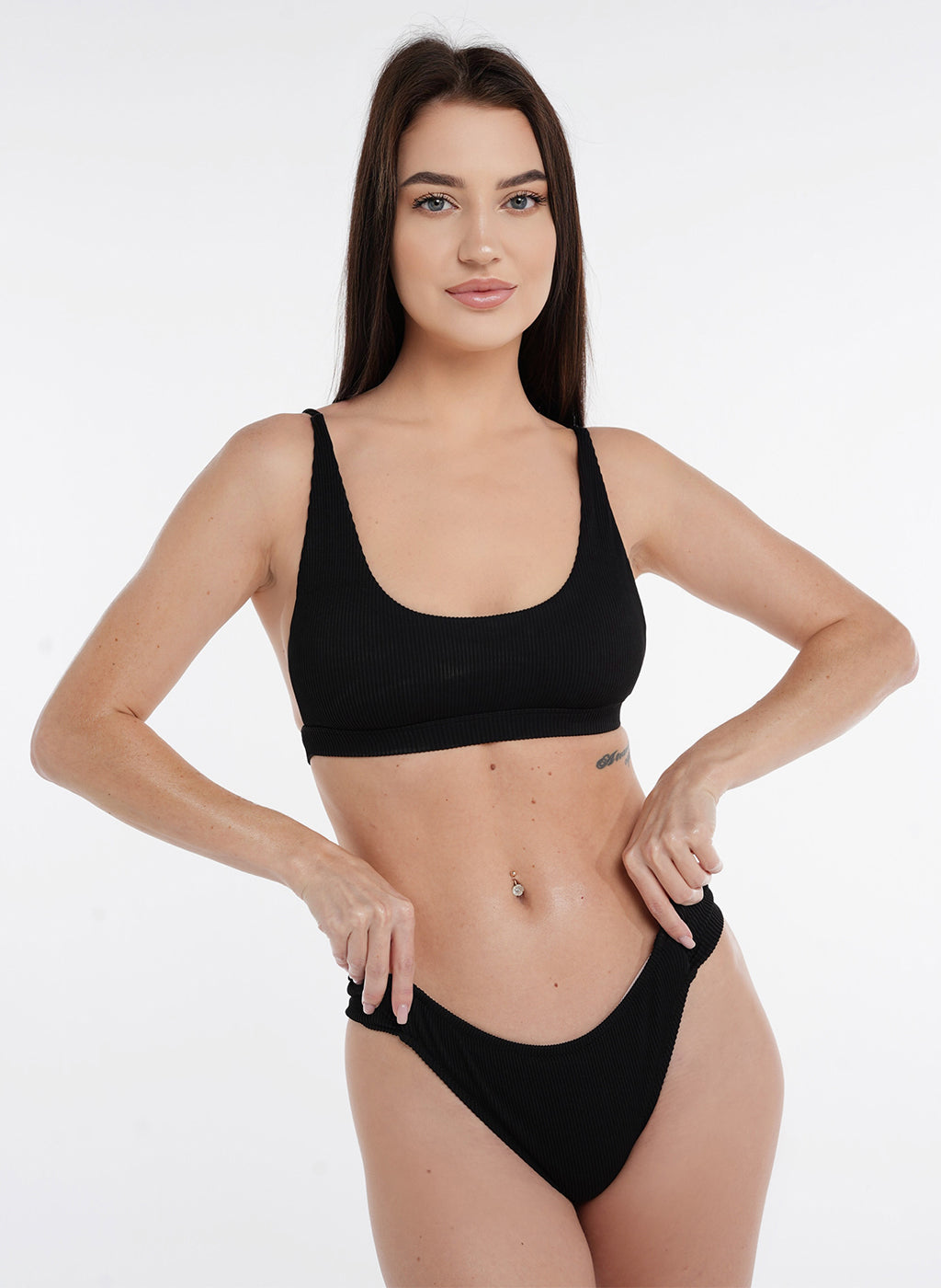 Crete Collection - Ribbed High Waist Band Bikini Bottoms - Black