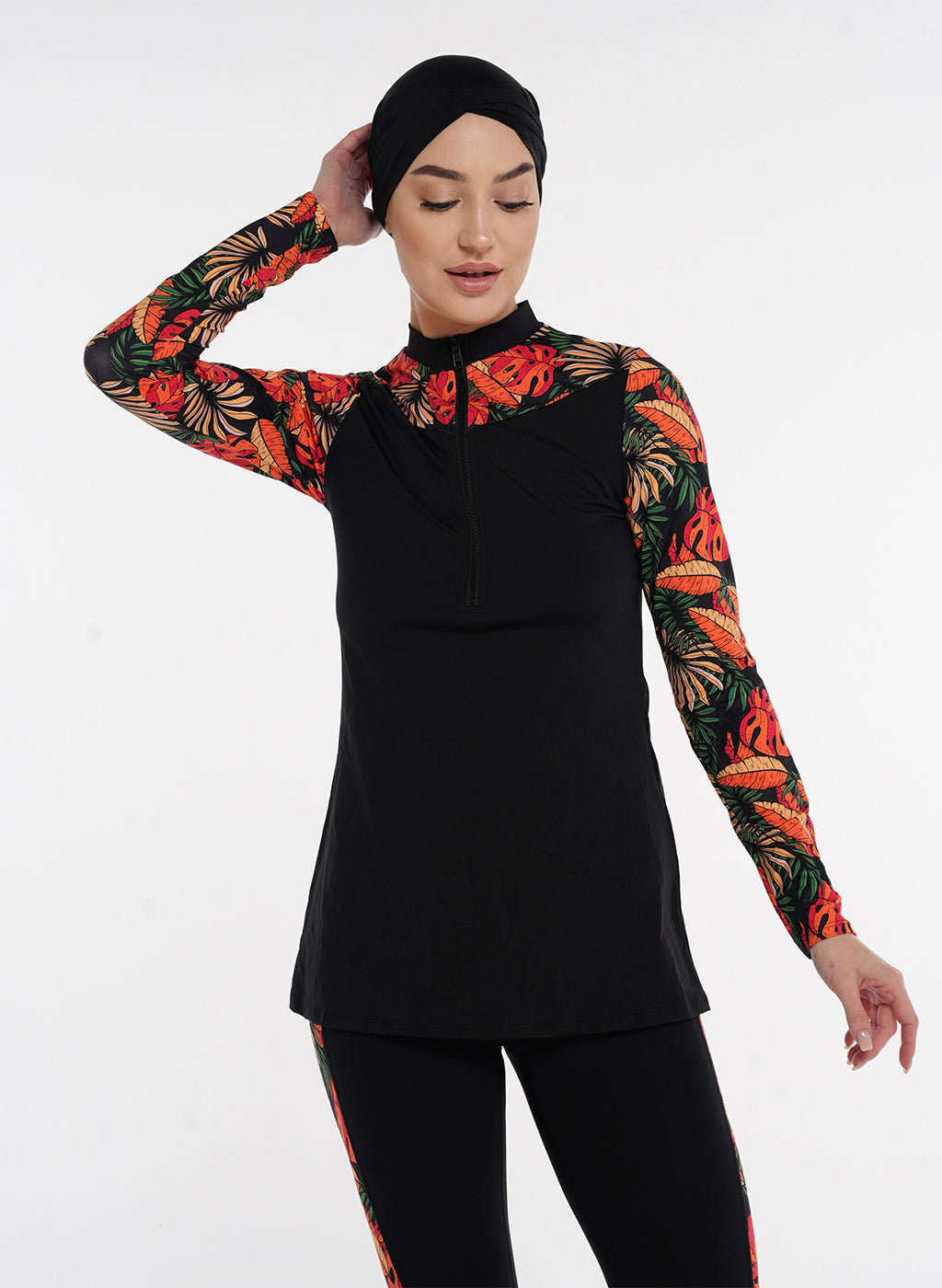 Two Piece Burkini - Black/Red Floral Pattern
