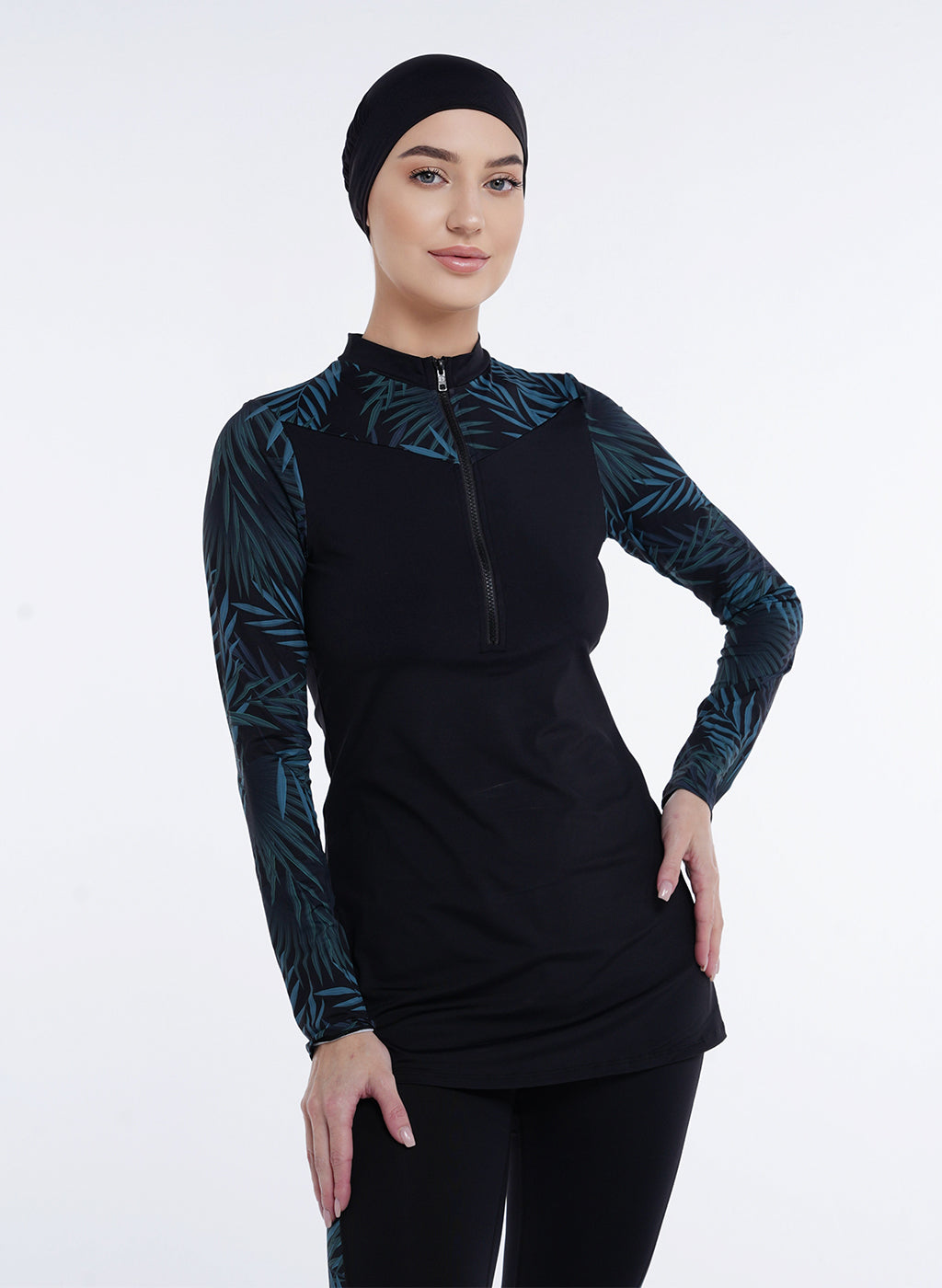 Two Piece Burkini - Black/Green Palm Pattern