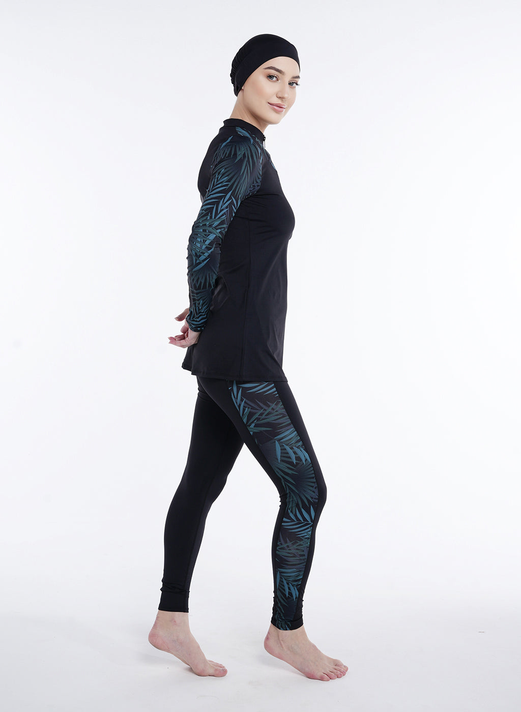 Two Piece Burkini - Black/Green Palm Pattern