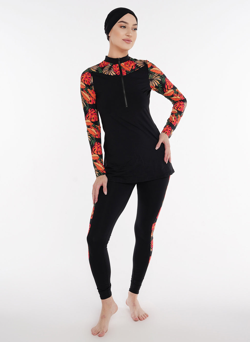 Two Piece Burkini - Black/Red Floral Pattern