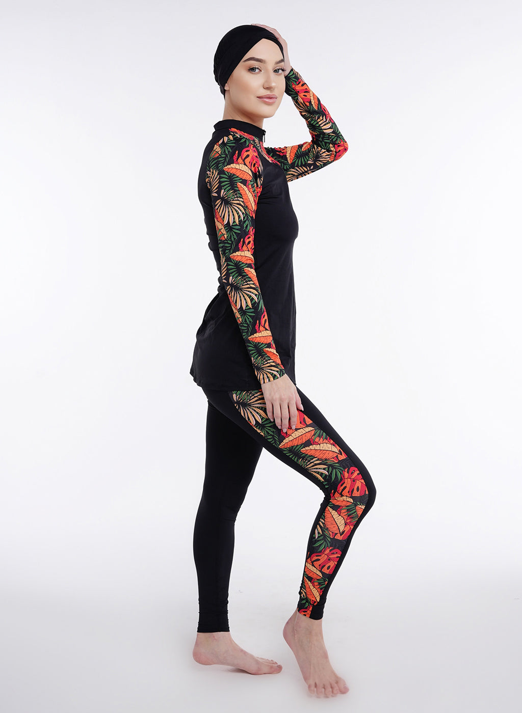 Two Piece Burkini - Black/Red Floral Pattern