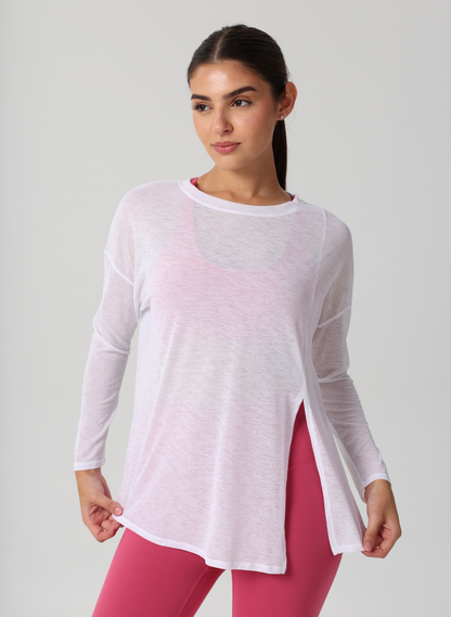 Amy Long Sleeve Slit Shirt - White