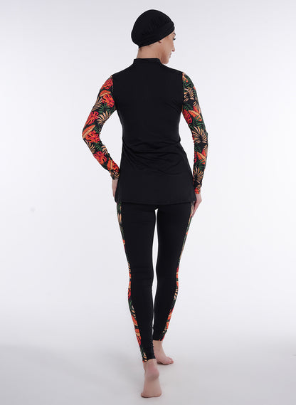 Two Piece Burkini - Black/Red Floral Pattern