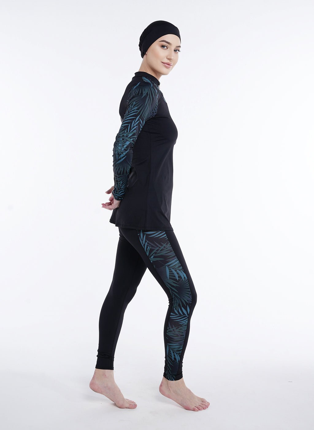 Two Piece Burkini - Black/Green Palm Pattern - MohukiXSBurkinis