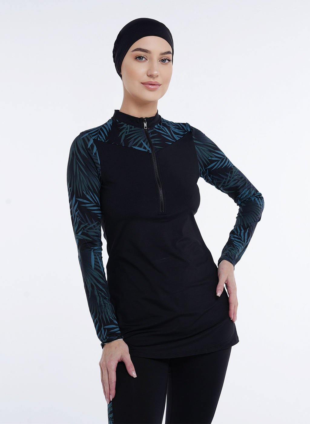 Two Piece Burkini - Black/Green Palm Pattern - MohukiXSBurkinis