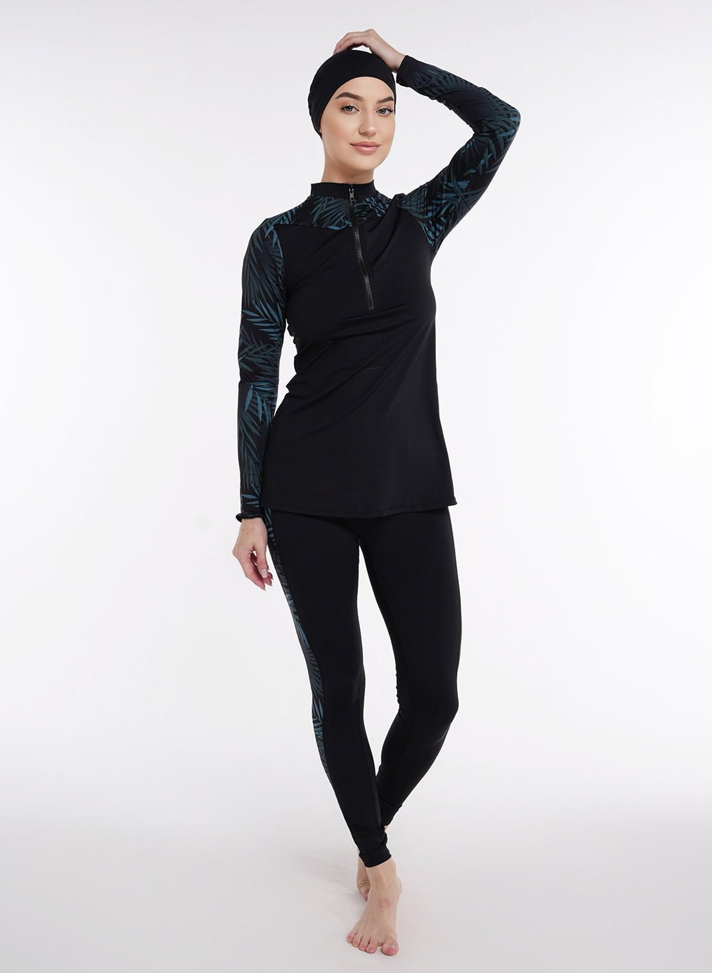 Two Piece Burkini - Black/Green Palm Pattern - MohukiXSBurkinis