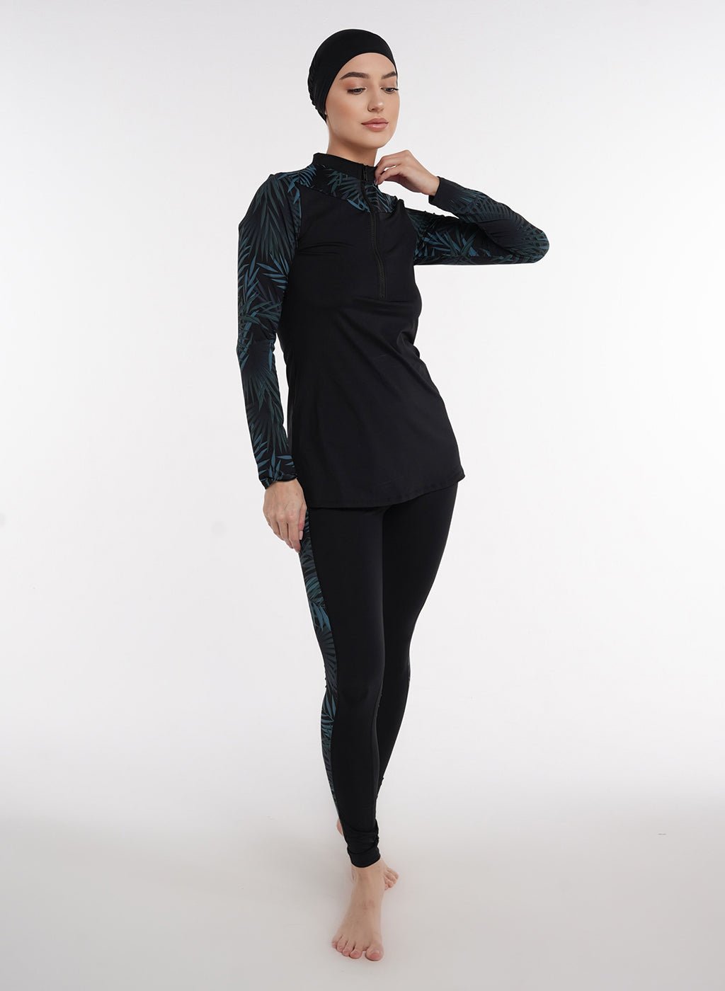 Two Piece Burkini - Black/Green Palm Pattern - MohukiXSBurkinis
